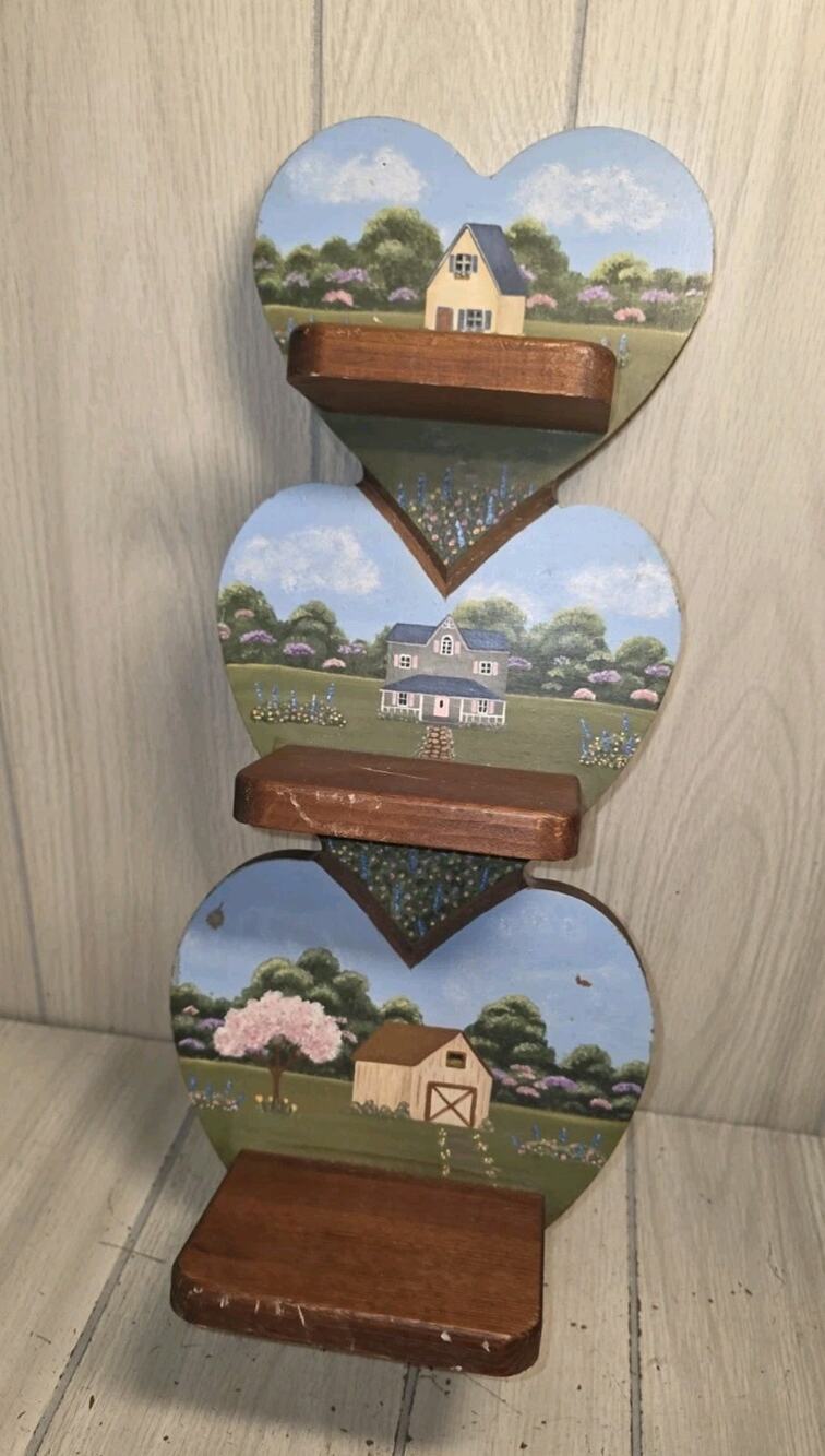 Vintage Handpainted Wood Triple Heart Shelf Country Cottage Scene Beautiful